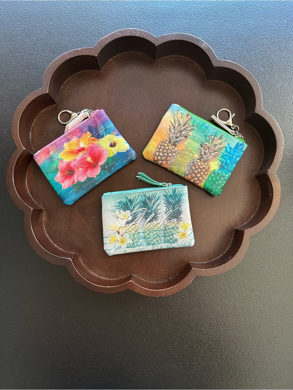 Women’s Tropical Floral & Pineapple Zip Coin Wallets  ~ Set of 3